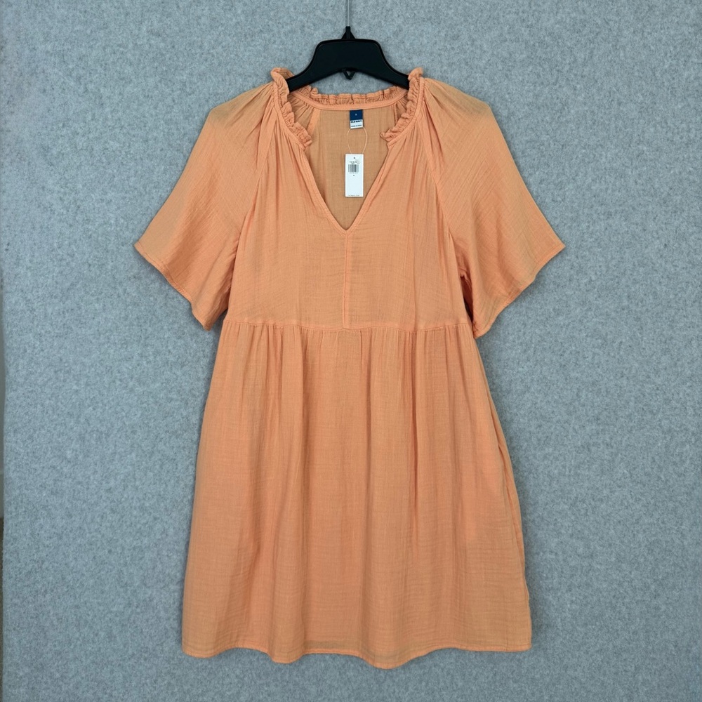 Old Navy Gauze Dress Womens Small Orange Split Neck Boho Relax Comfy Mini NWT
